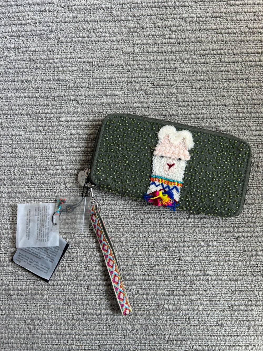 Green Embellished Llama Wristlet Wallet